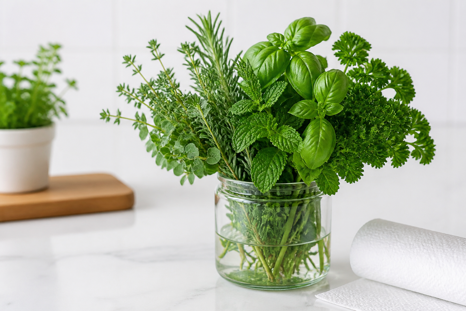 Herb jar + paper towel setup